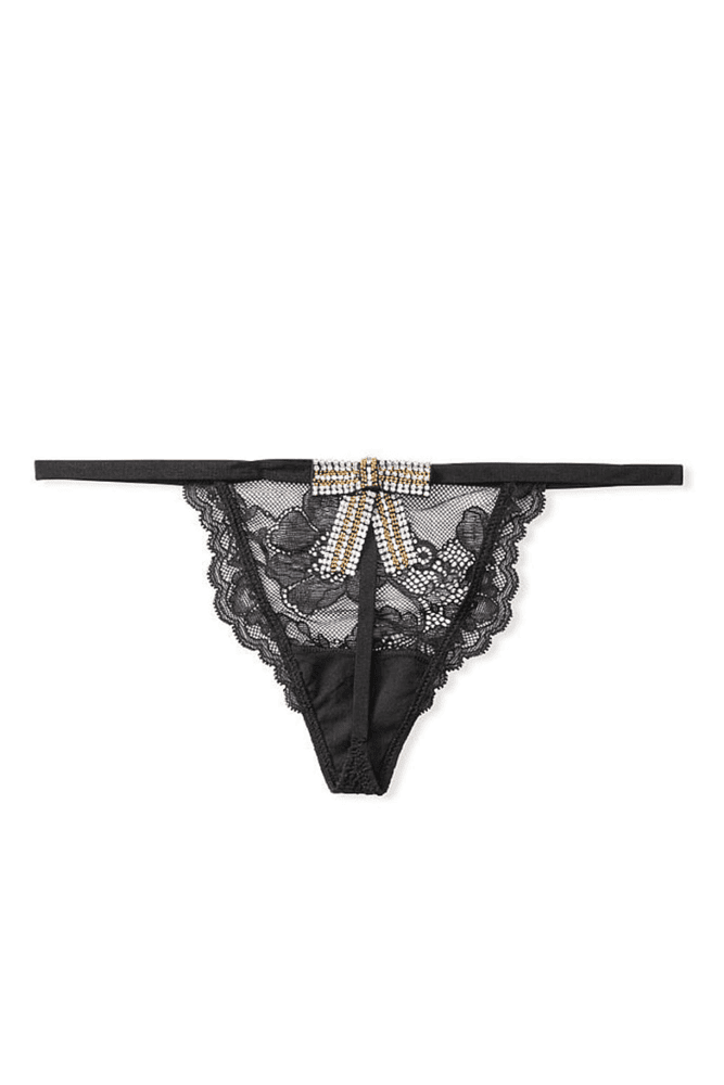 Трусики ЗІ СТРАЗАМИ V-THONG BLACK BOW LACE Victoria`s Secret